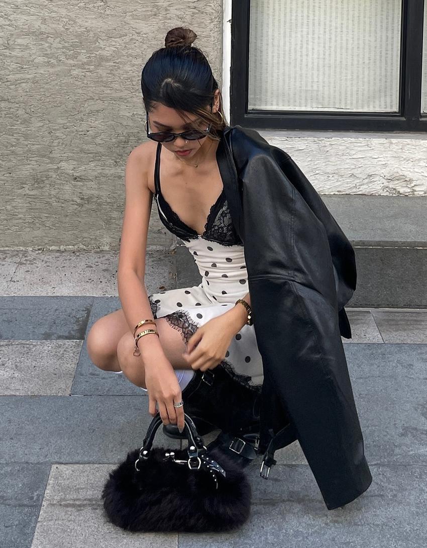 Tül ve dantel baskılı askılı mini elbise-Krem