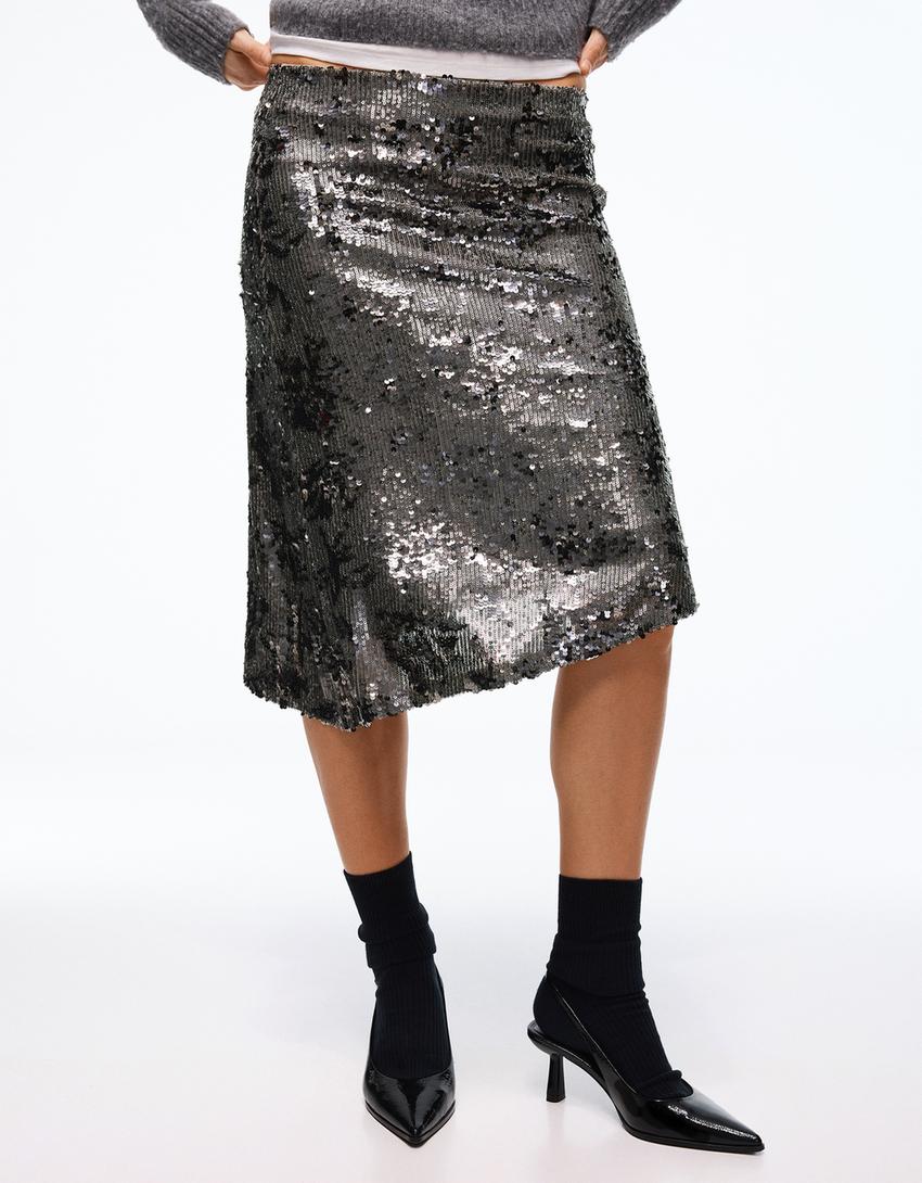 تنورة متوسطة الطول غير متماثلة بترتر-رمادي داكن