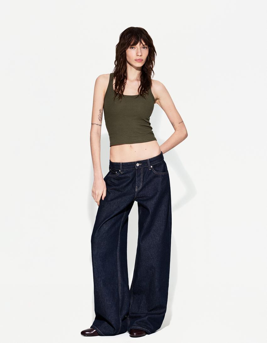 Sleeveless ribbed T-shirt-Khaki