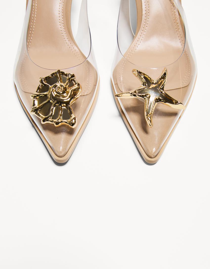 حذاء فينيل بكعب عال وتفصيل ممعدن-شفاف