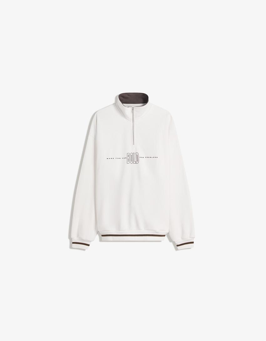 Sweatshirt mit Reißverschluss und Print-Grbrochenes Weiss
