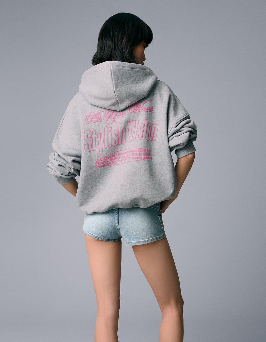 Fermuarlı desenli oversize kapüşonlu sweatshirt-Gri