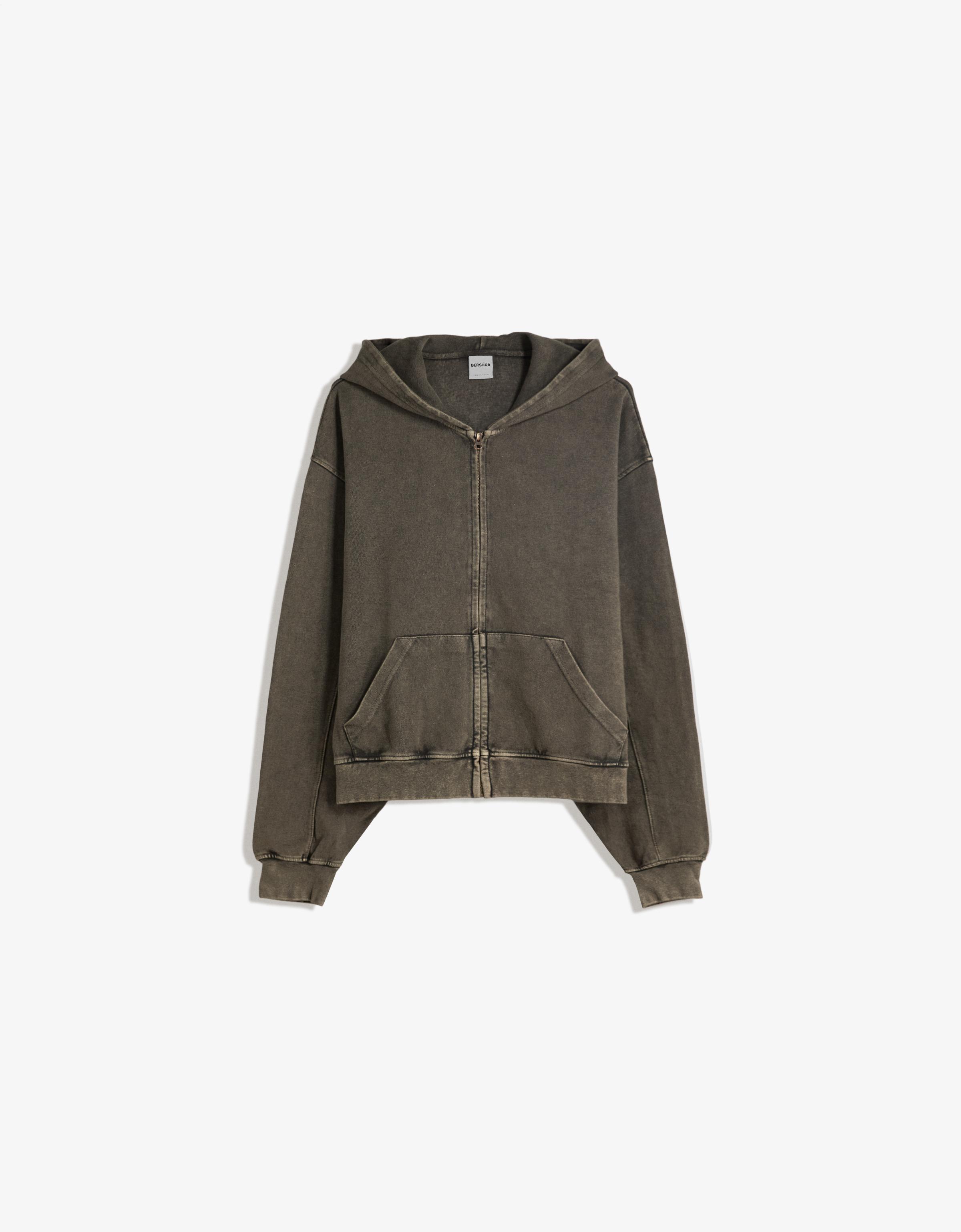 Bershka Sweatshirt Mit Reißverschluss, Pikee Und Washed-Optik Herren M Grau