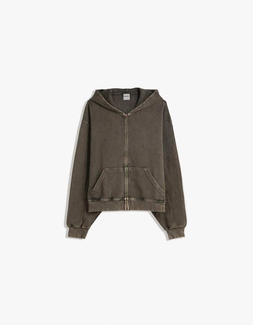 Sweatshirt mit Reißverschluss, Pikee und Washed-Optik-Grau