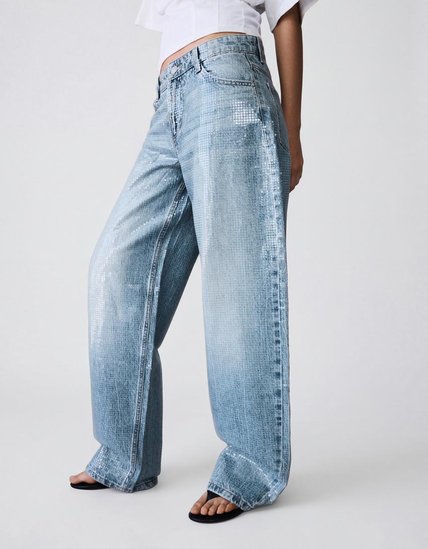 Baggy barrel sequin jeans-Light blue
