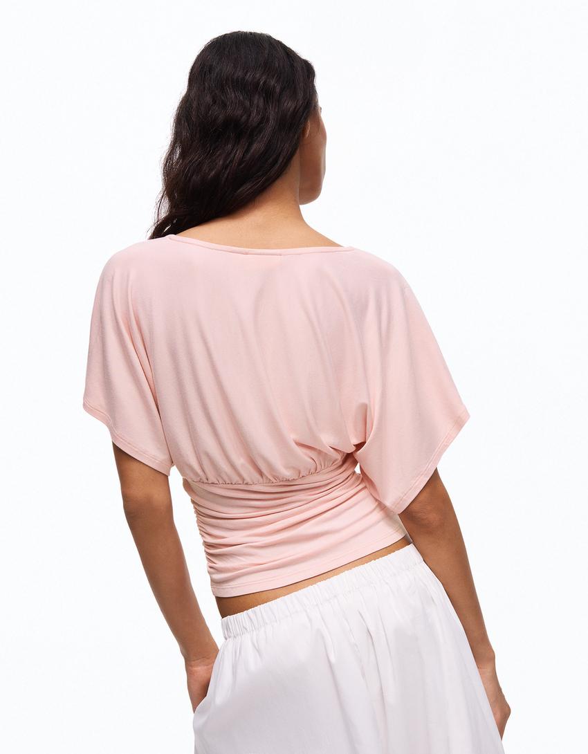 Shirt mit V-Ausschnitt und Raffungen-Rosa