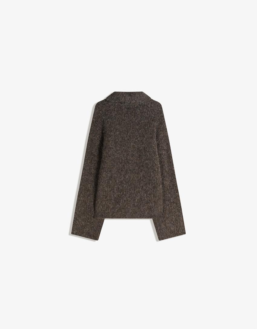 Faux suede polo collar jumper with tie detail-Brown