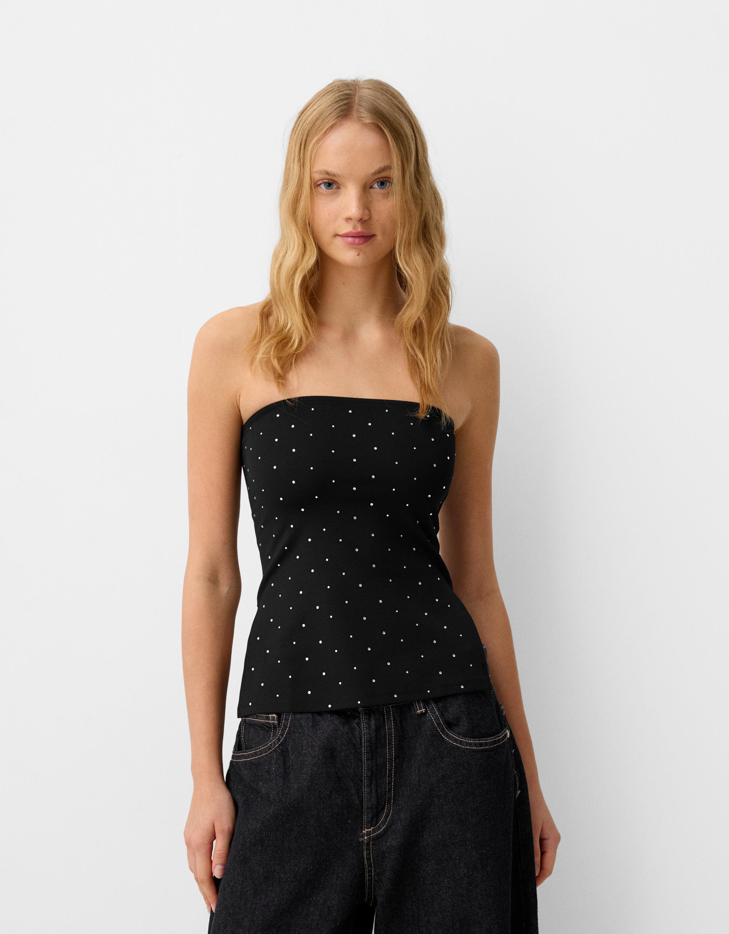 Bershka Bandeau-Top Mit Strass Damen S Schwarz