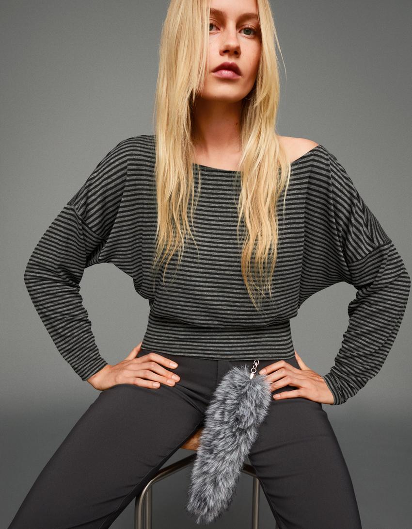 Striped long sleeve T-shirt with sash-Dark grey