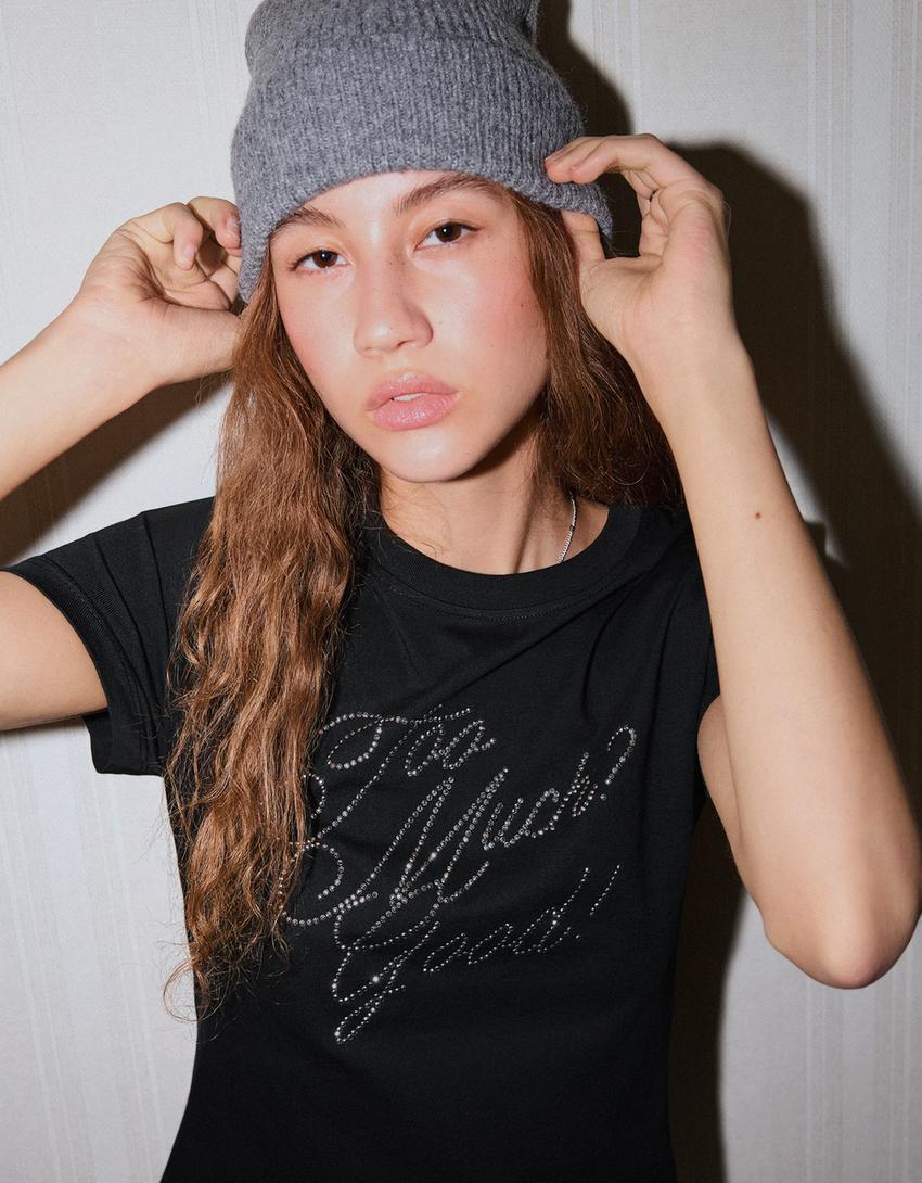 Short sleeve T-shirt with rhinestone print-Dark grey