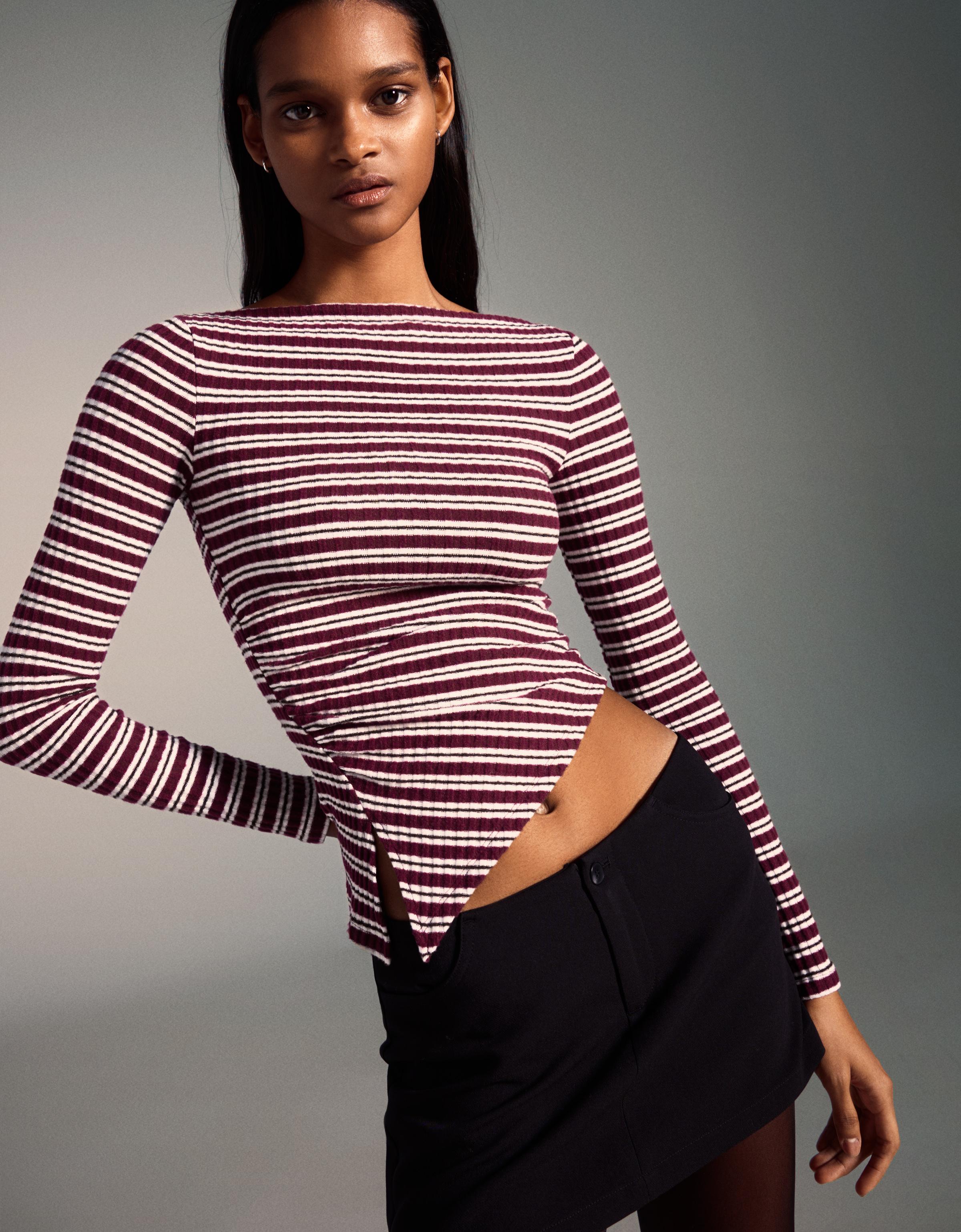 Bershka Asymmetrisches Langarmshirt Damen M Bordeaux