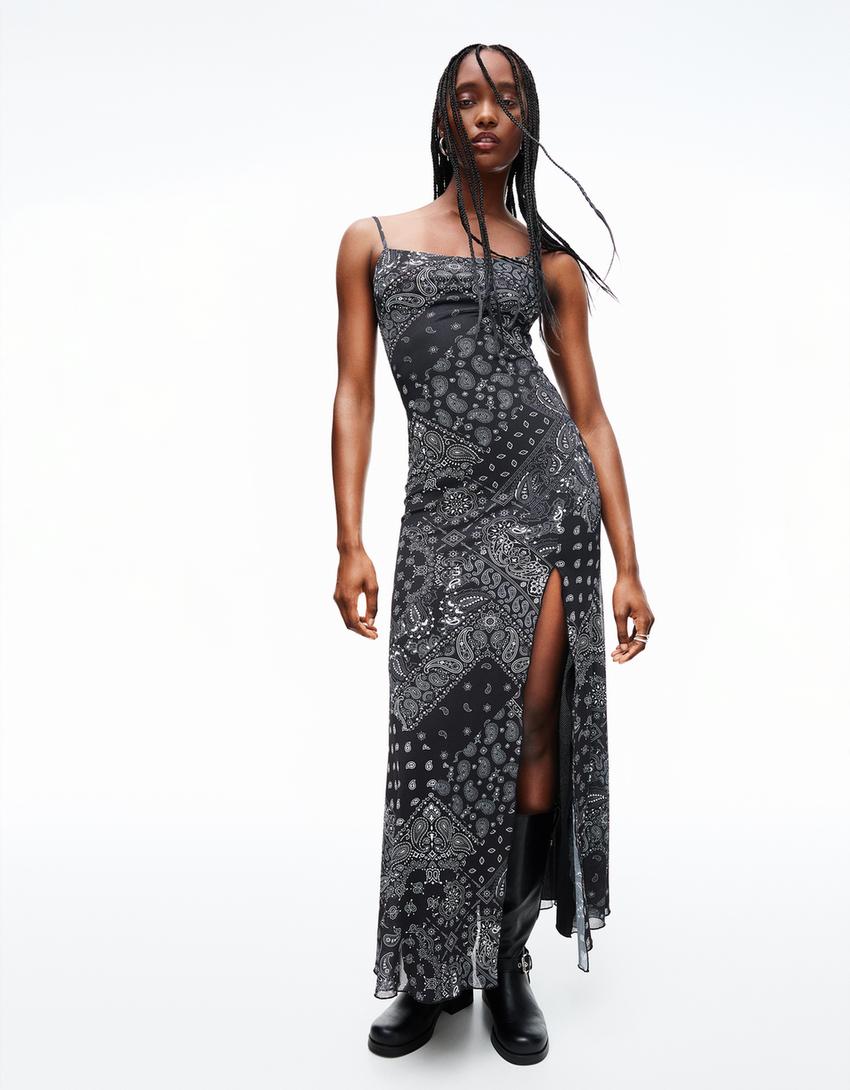 Printed tulle midi dress-Black