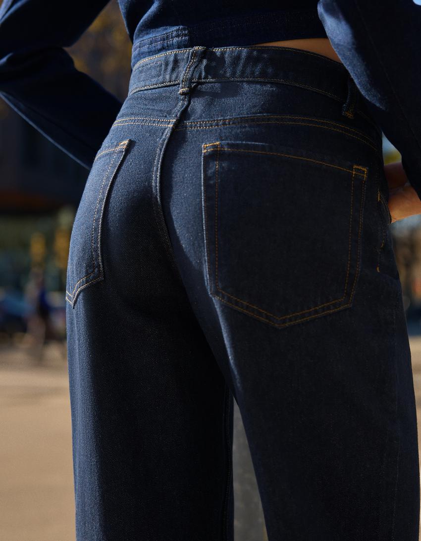 Yüksek bel straight fit geniş paça jean-Mavi