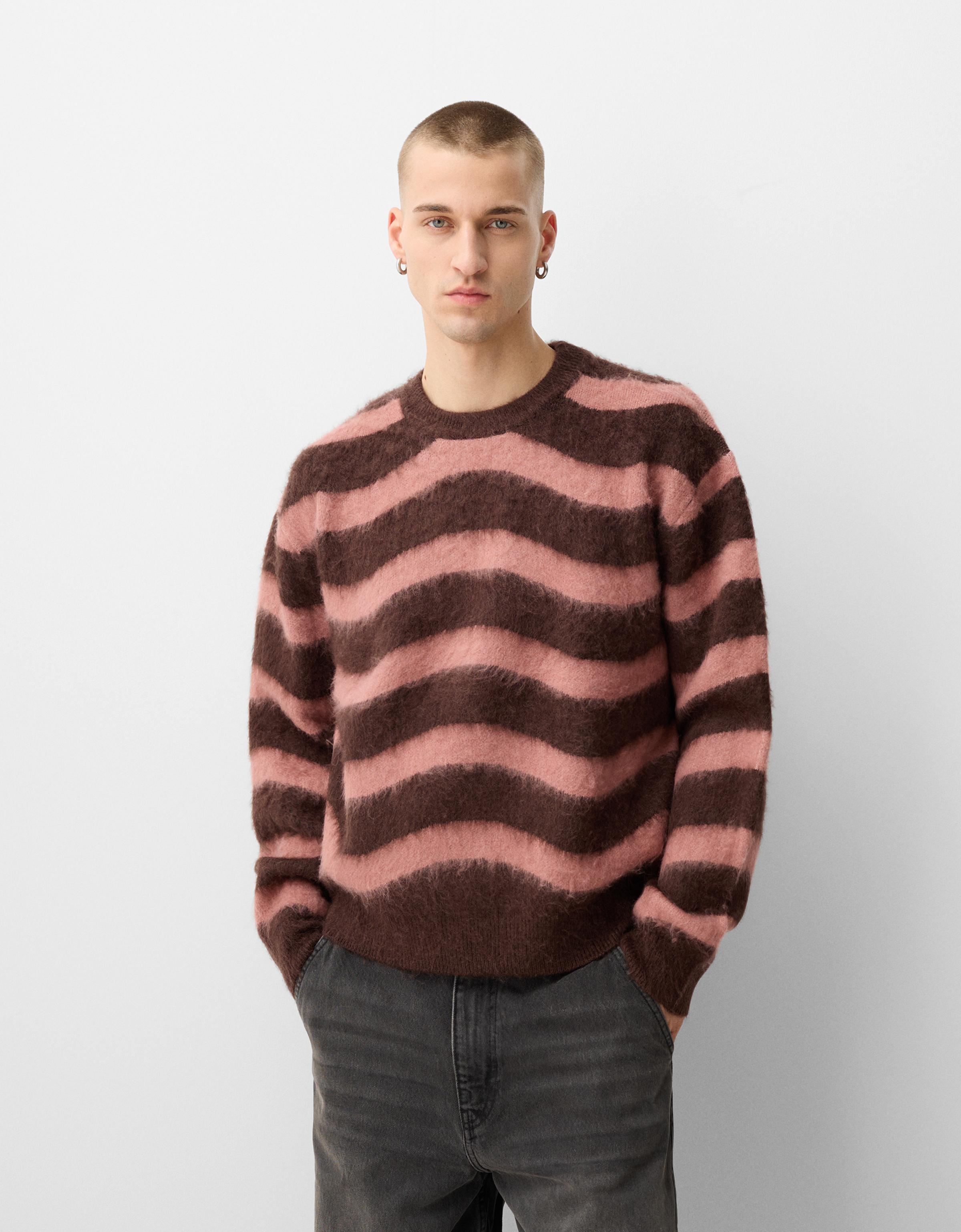 Bershka Gestreifter Pullover Aus Kunstfell Herren M Rosa