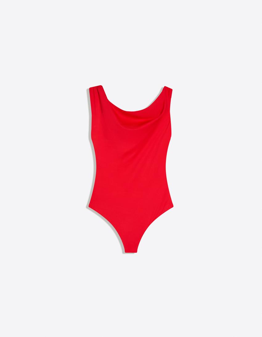 Asymmetric ruched strappy bodysuit-Red