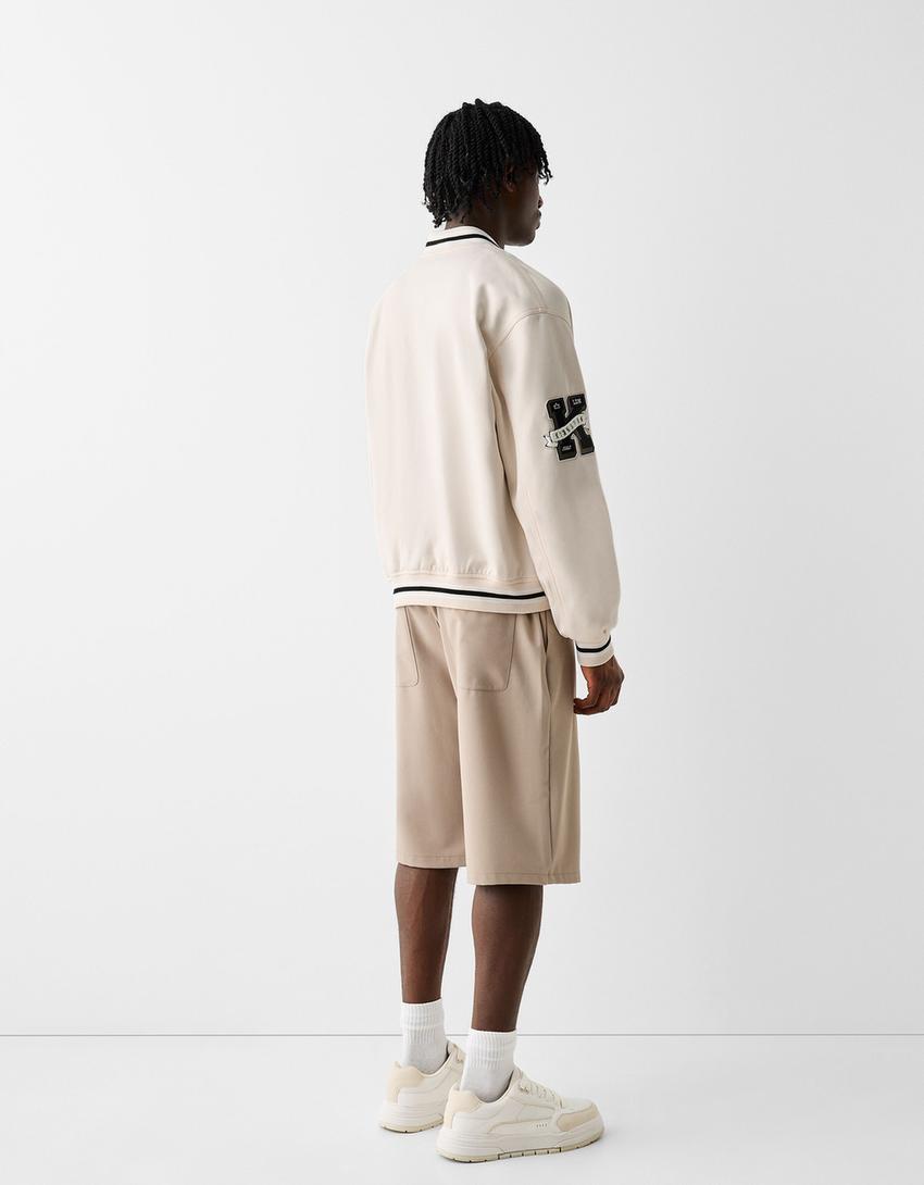 Faux suede embroidered bomber jacket-Off white-1