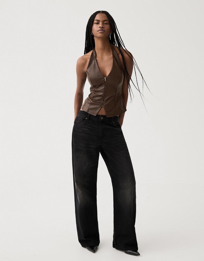 Leather effect halter top with zip-Brown-0