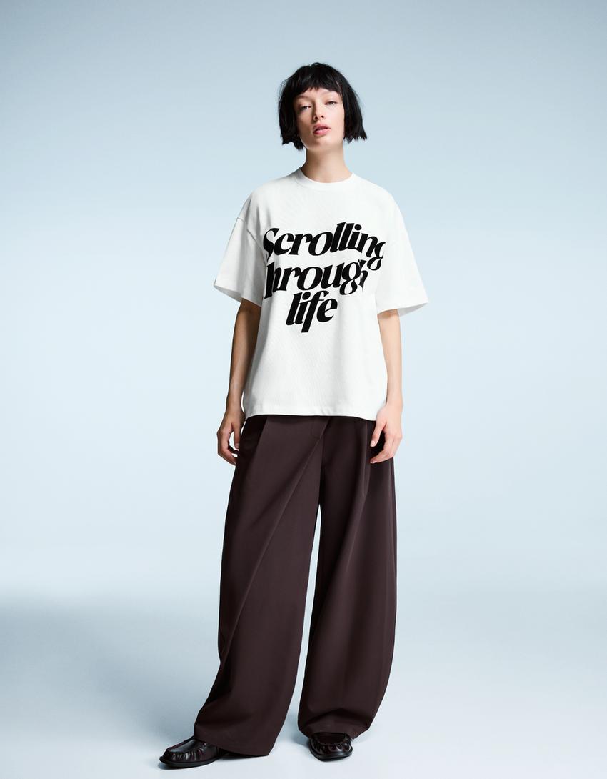 T-shirt manches courtes oversize imprimé-Blanc cassé