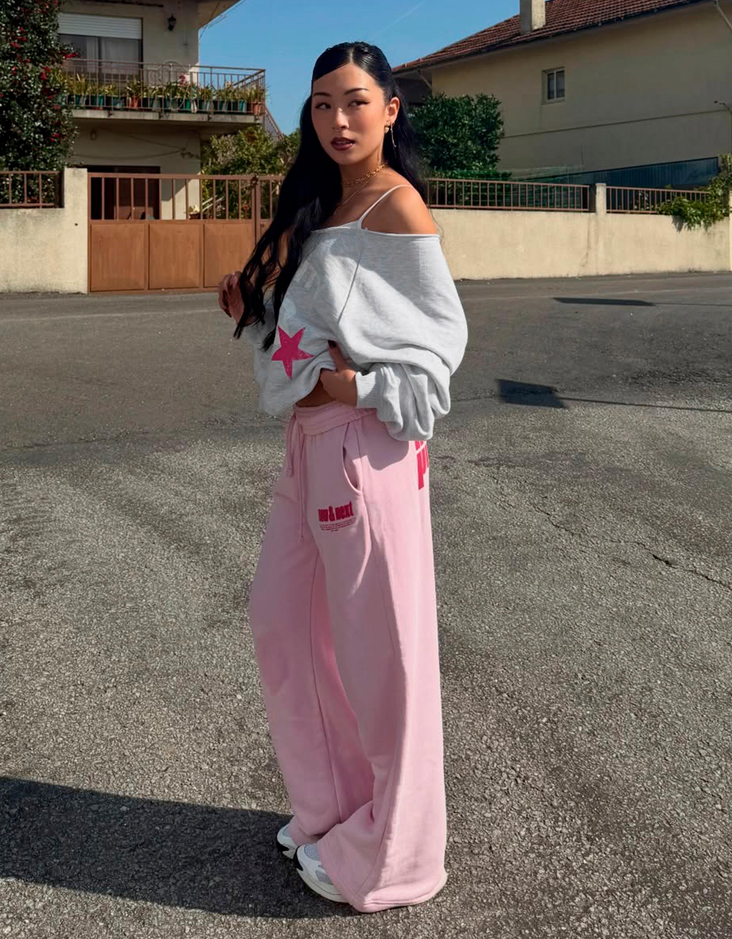 Pantalón Felpa Wide Leg Print Mujer M Rosa