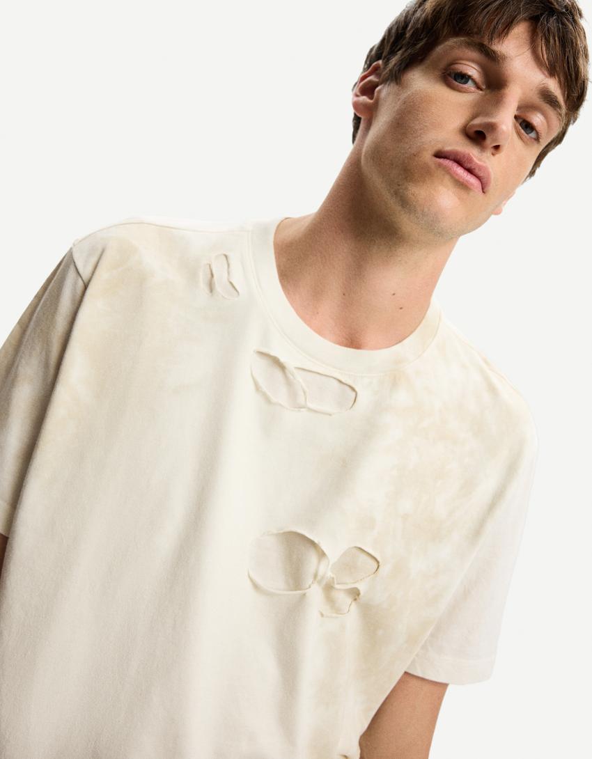Faded ripped short sleeve T-shirt-Beige-2