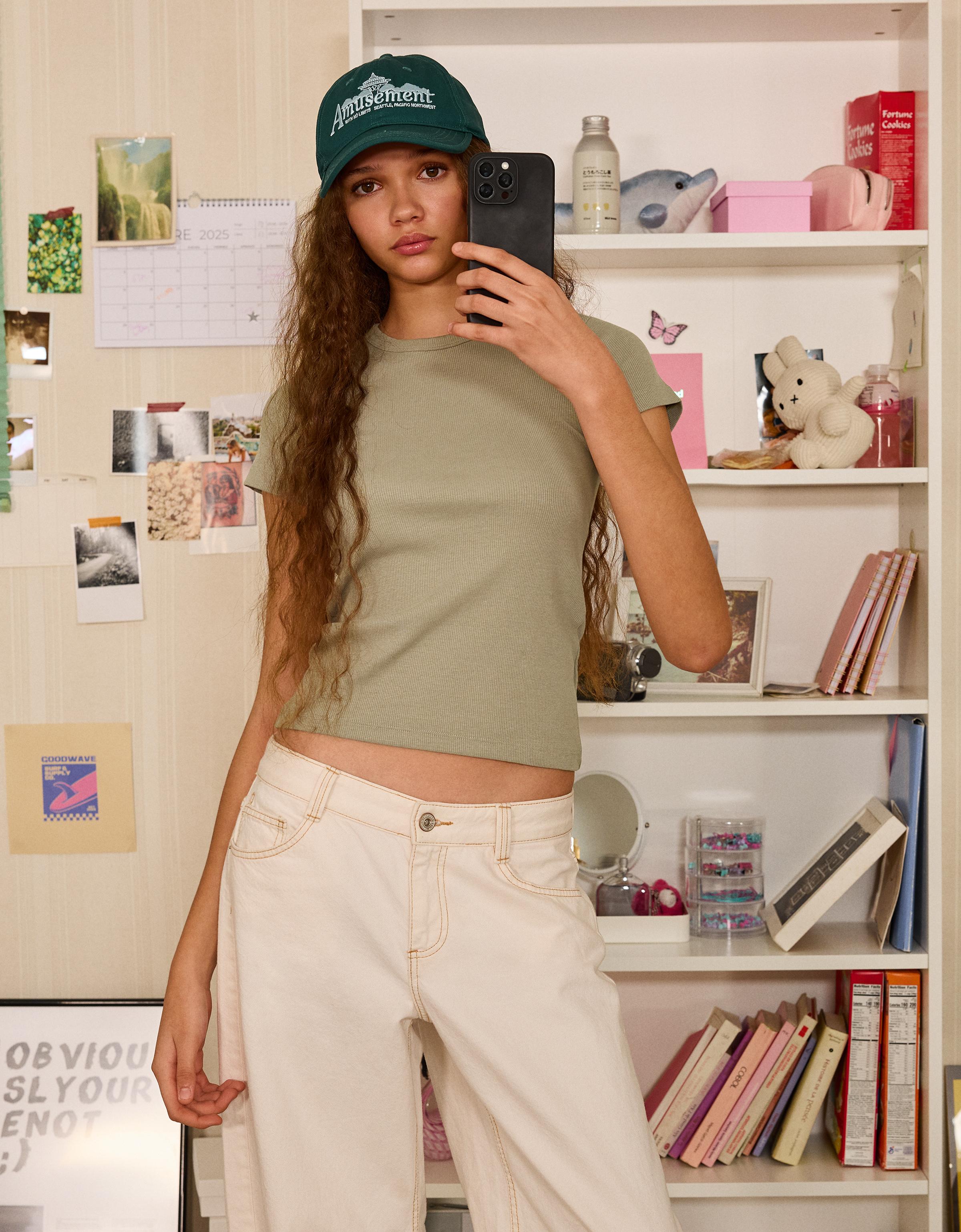 Bershka Camiseta Manga Corta Básica Rib Mujer L Kaki