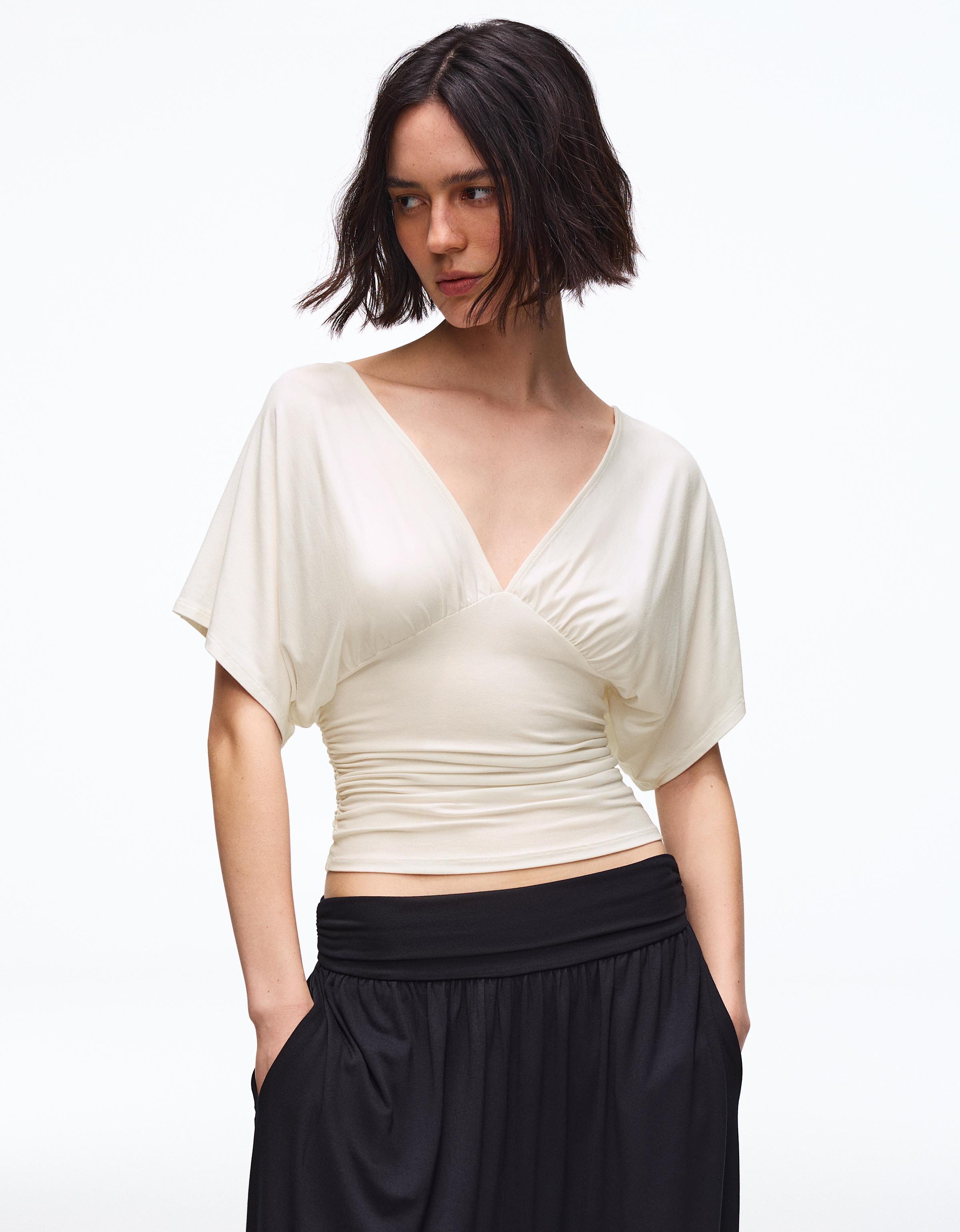 Camiseta Cuello Pico Frunces Mujer M Blanco