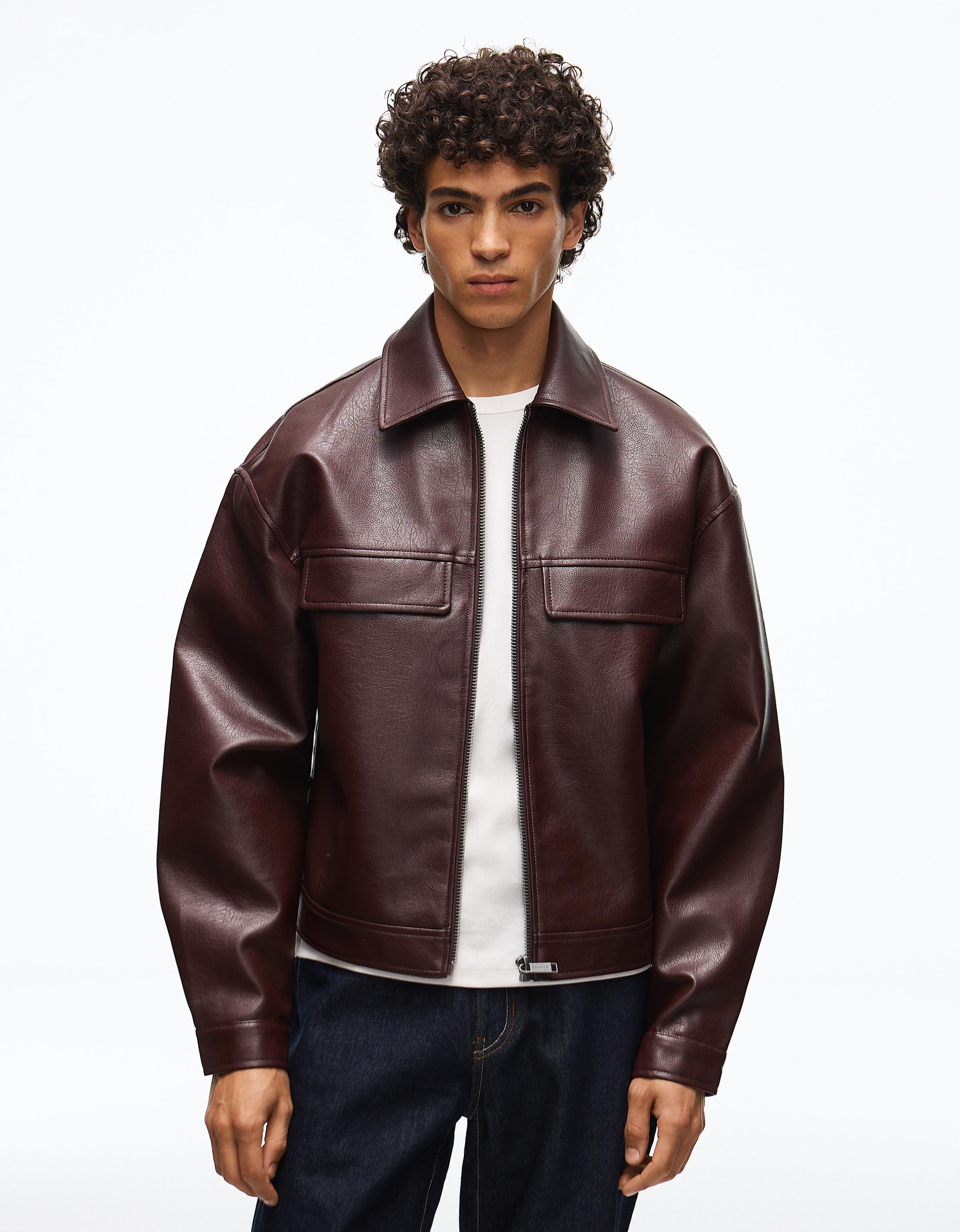 Bershka Cazadora Boxy Efecto Piel Hombre Burdeos