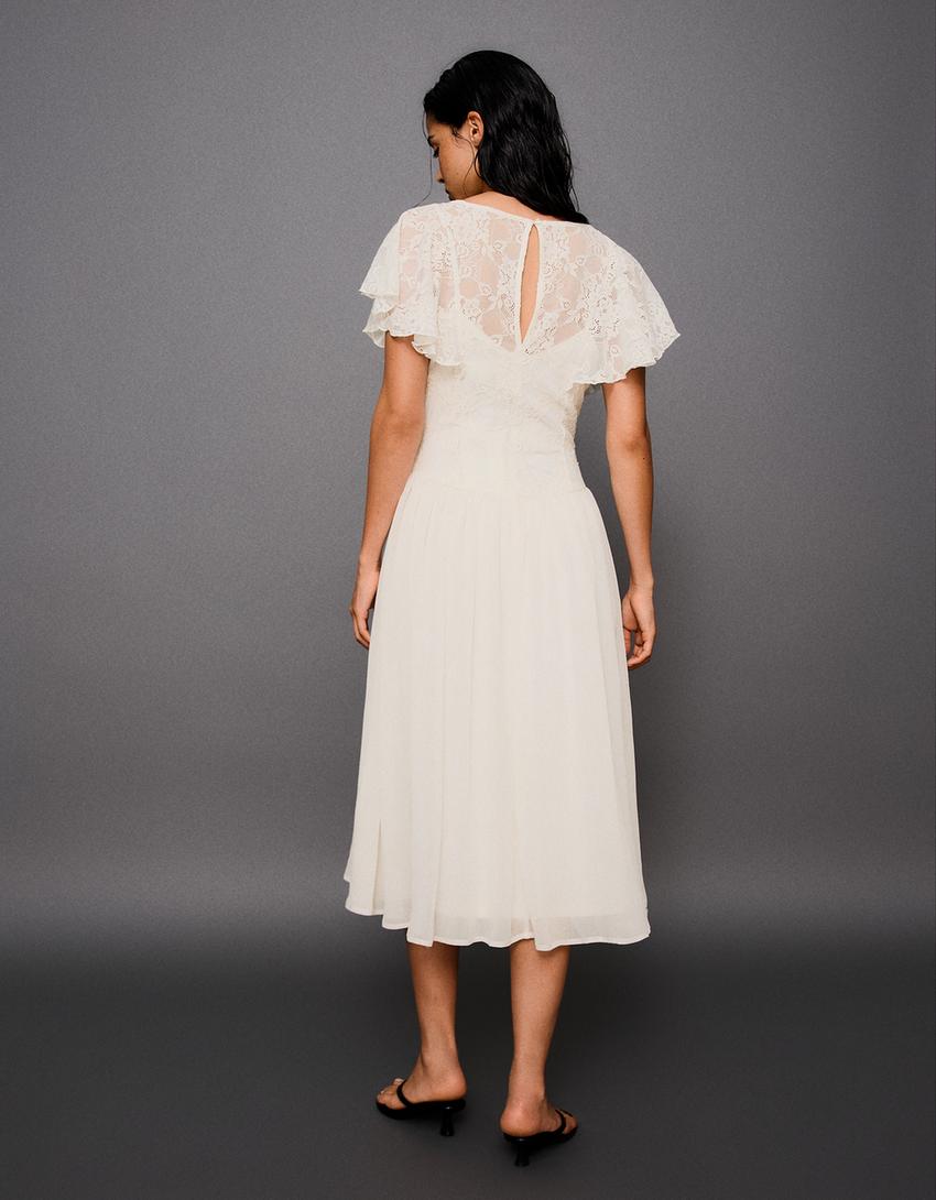 Cape sleeve midi dress-Cream
