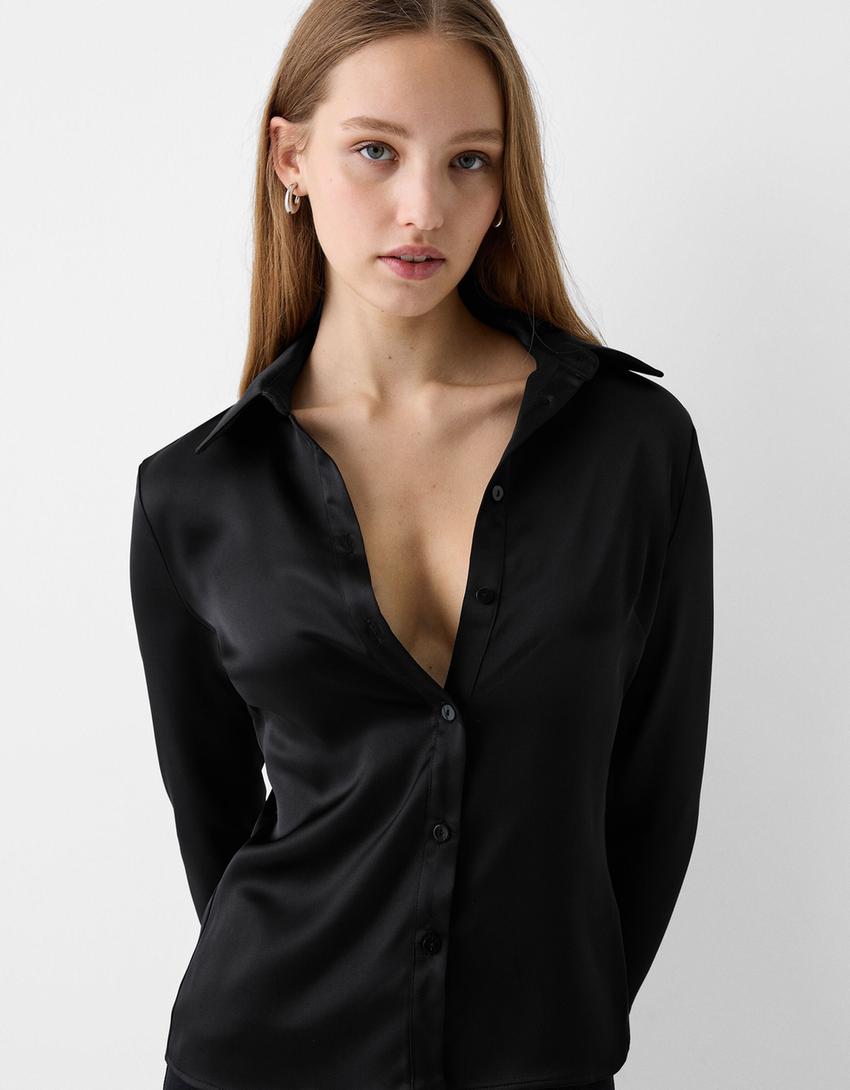 Fitted satin shirt with bell sleeves-Black-2