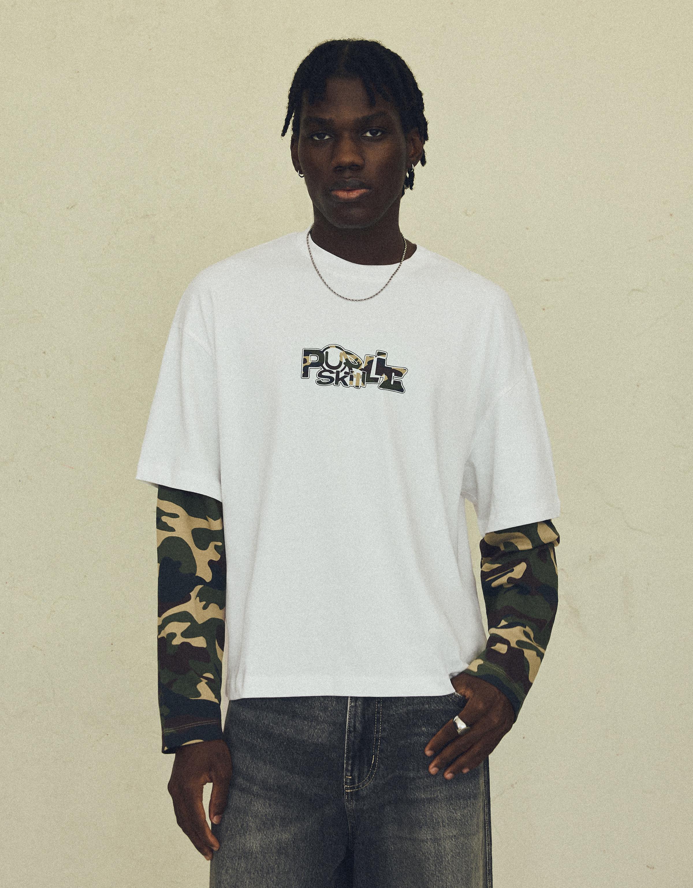 Double sleeve print T-shirt — Off white