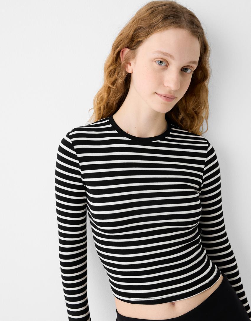 Uzun kollu bisiklet yaka t-shirt-Beyaz-2