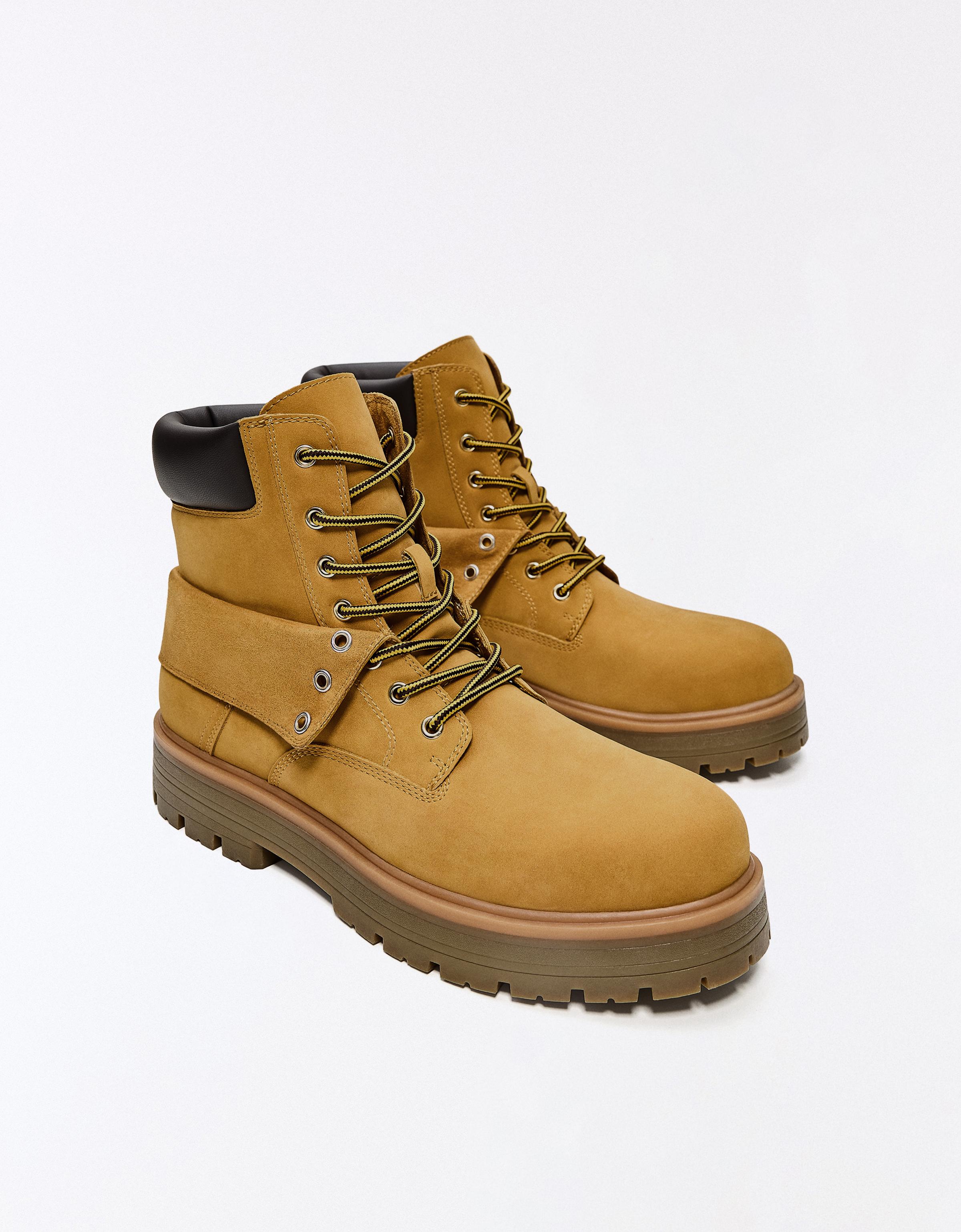 LACE-UP WORKER ANKLE BOOTS — SAND