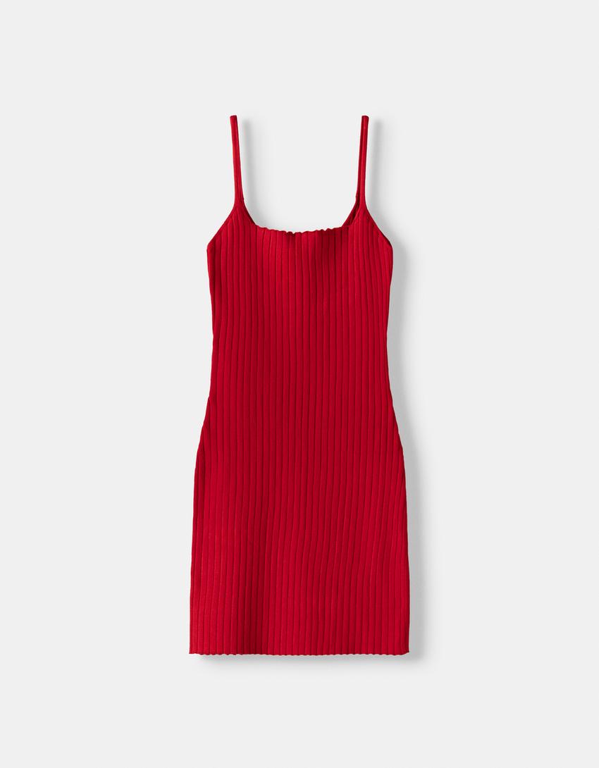 فستان قصير مضلع وضيق بحمالات-أحمر-5