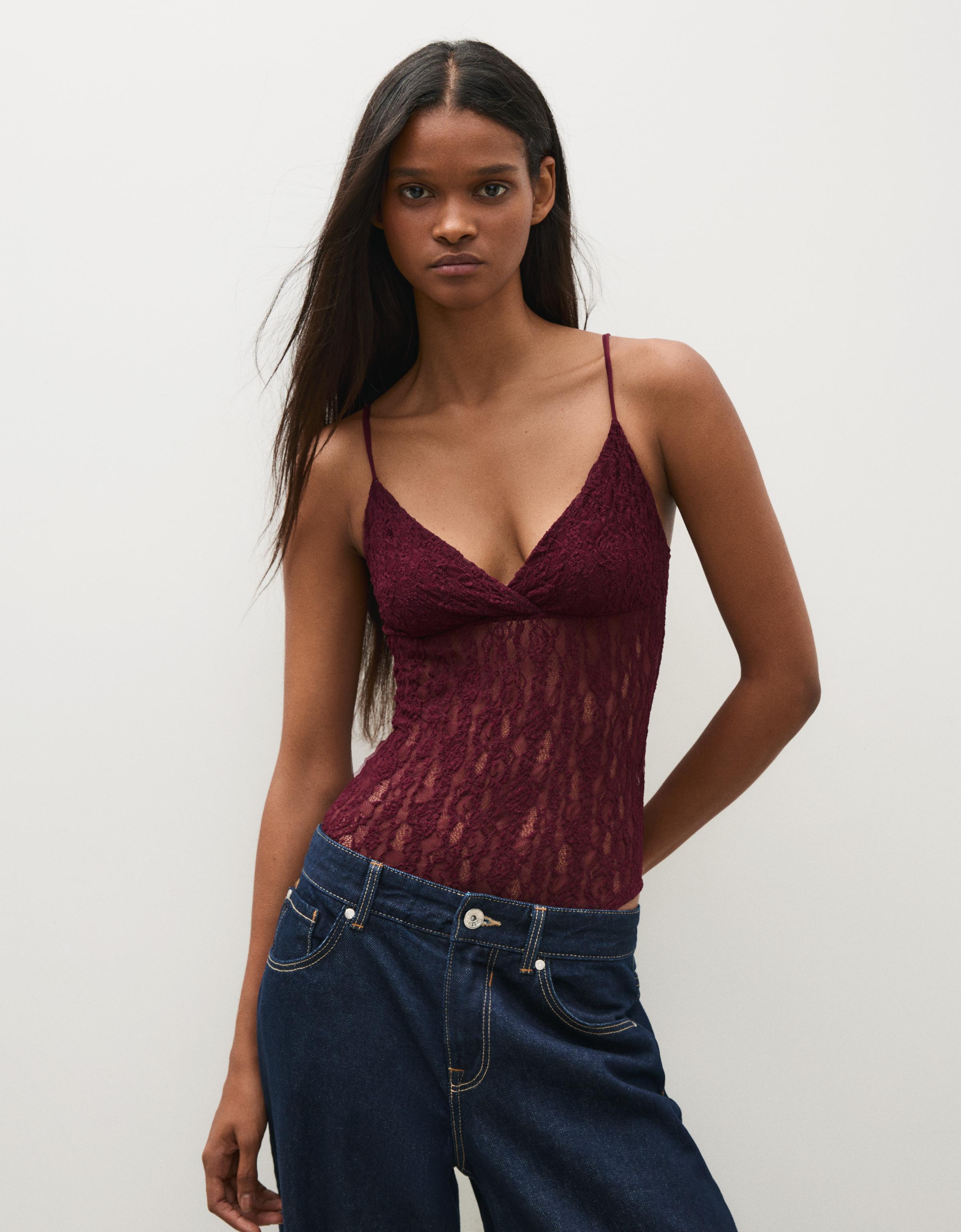 Bershka Body Tirantes Encaje Mujer L Burdeos