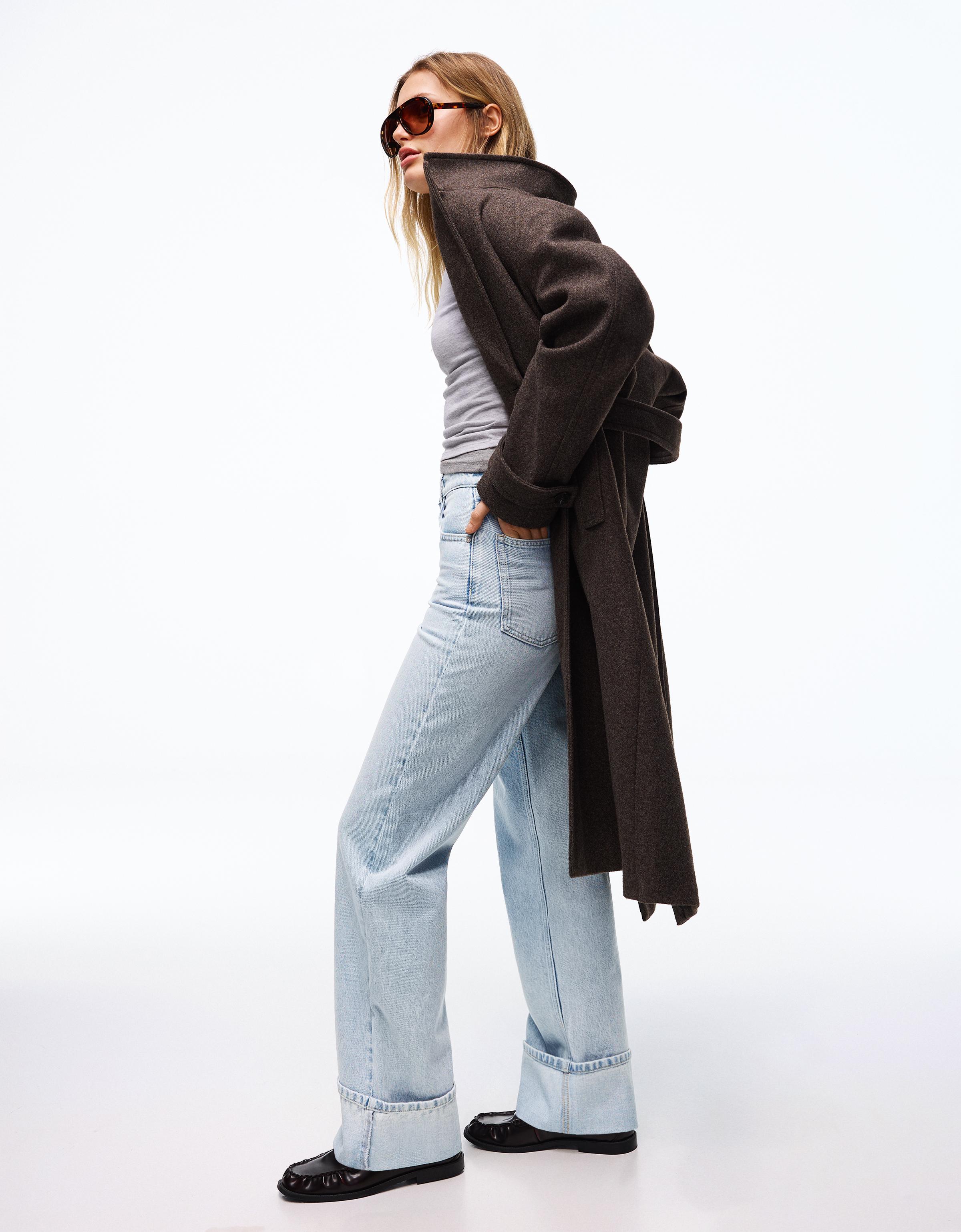 Yüksek bel straight fit geniş paça kıvrık paçalı jean - Görsel 19