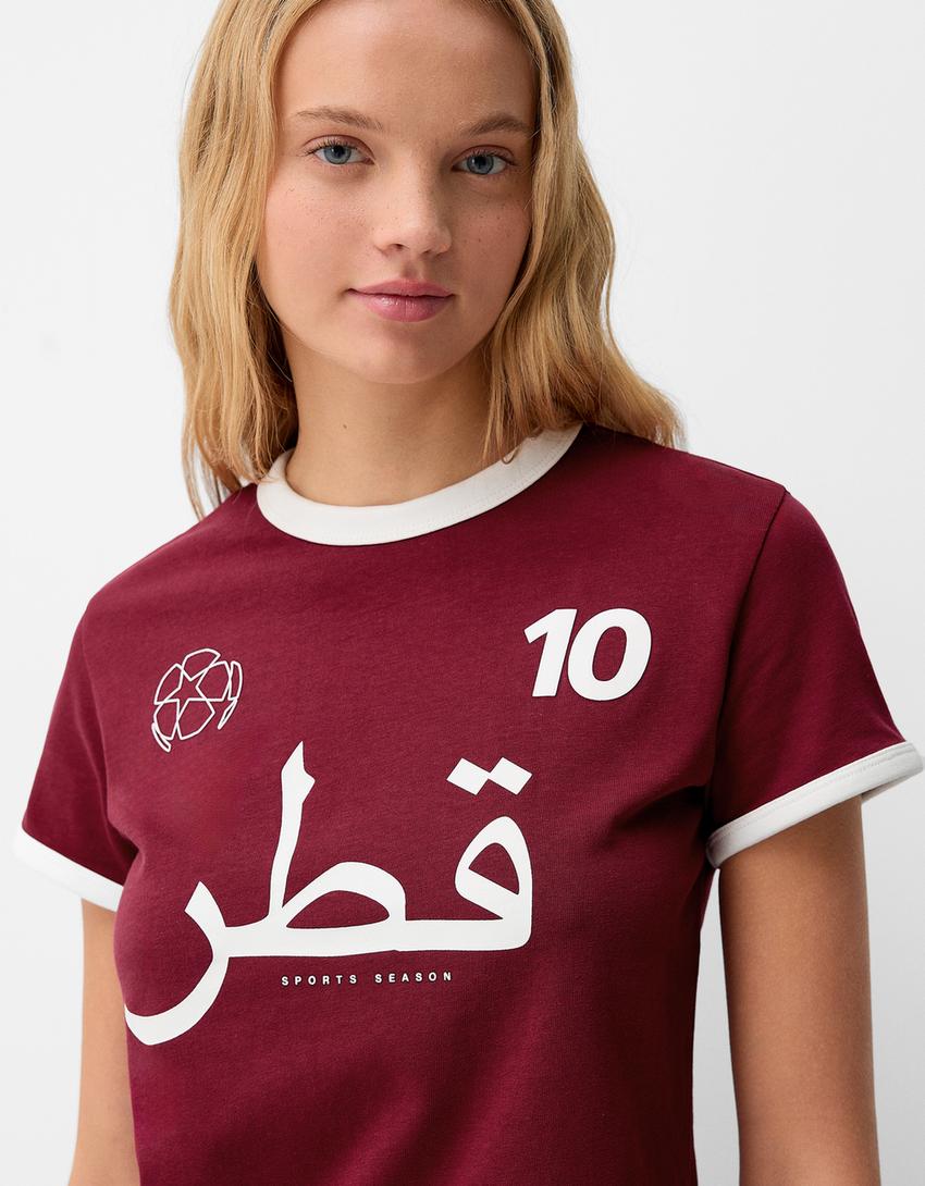 Contrast short sleeve sport print T-shirt-Red-4