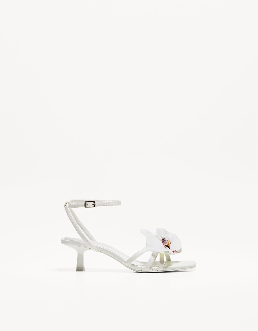 Sandales talon kitten heel fleur-Blanc