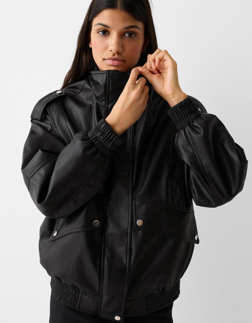 Faux leather dad fit jacket-Black-2