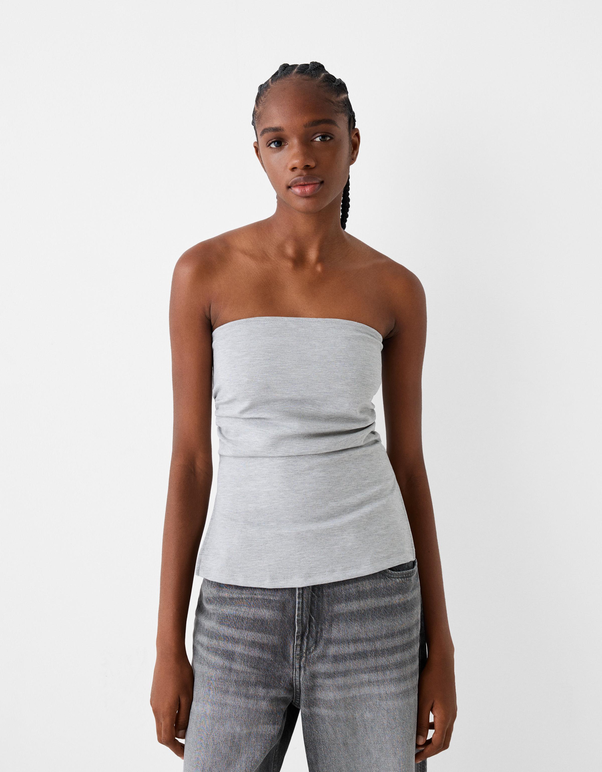 Bershka Bandeau-Top Aus Punto-Di-Roma Mit Raffung Damen L Grau