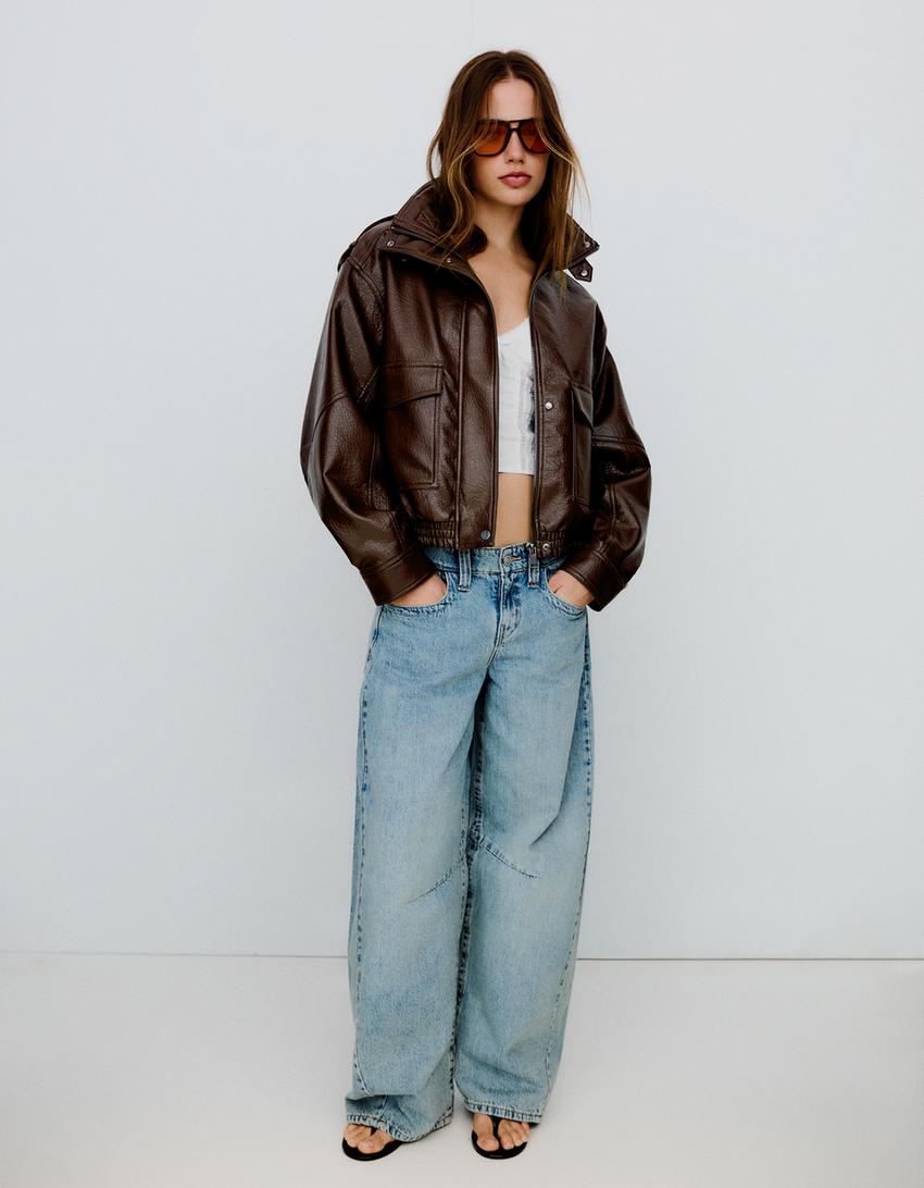 Faux leather funnel collar jacket-Brown