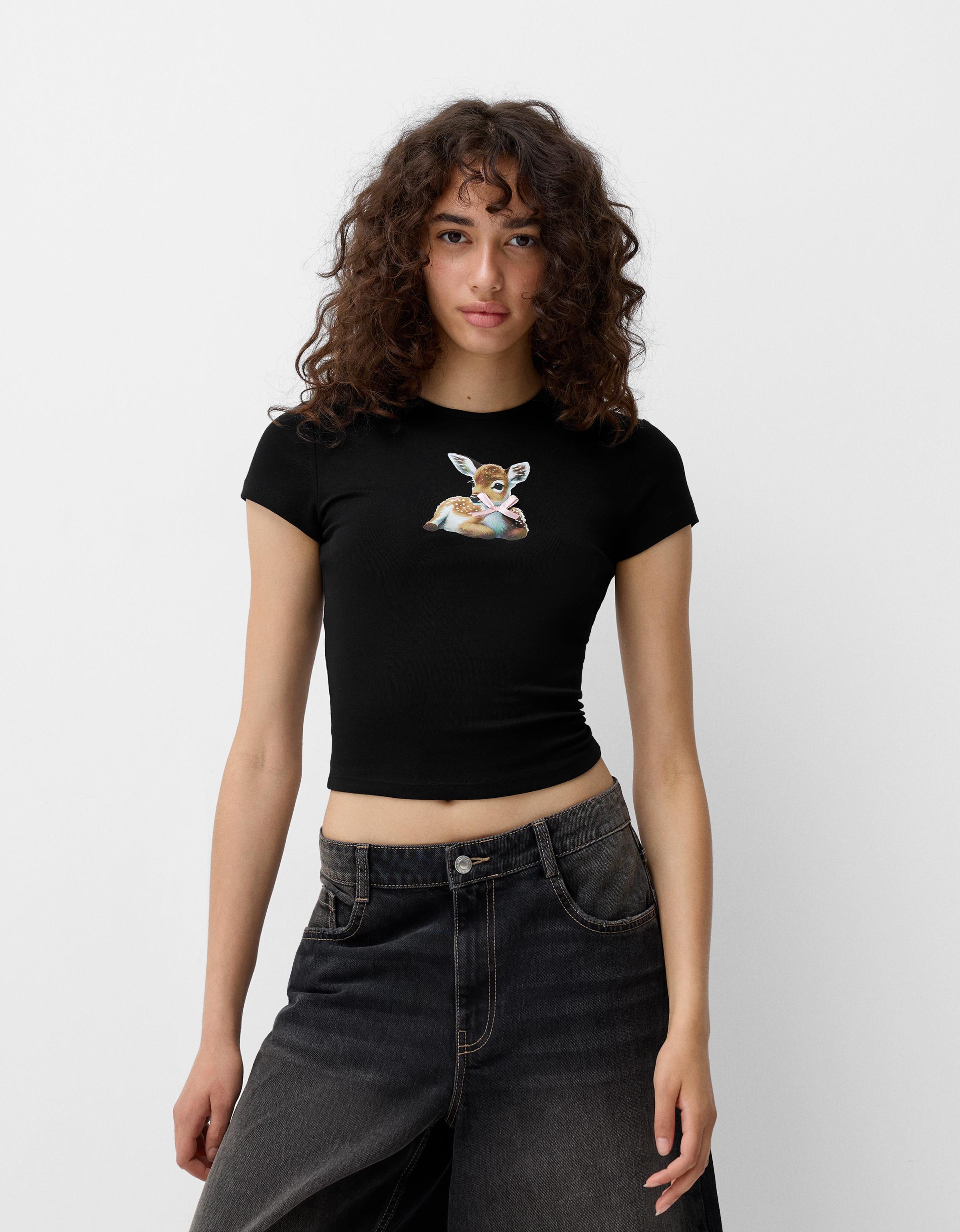 Bershka T-Shirt Mit Print Damen L Schwarz