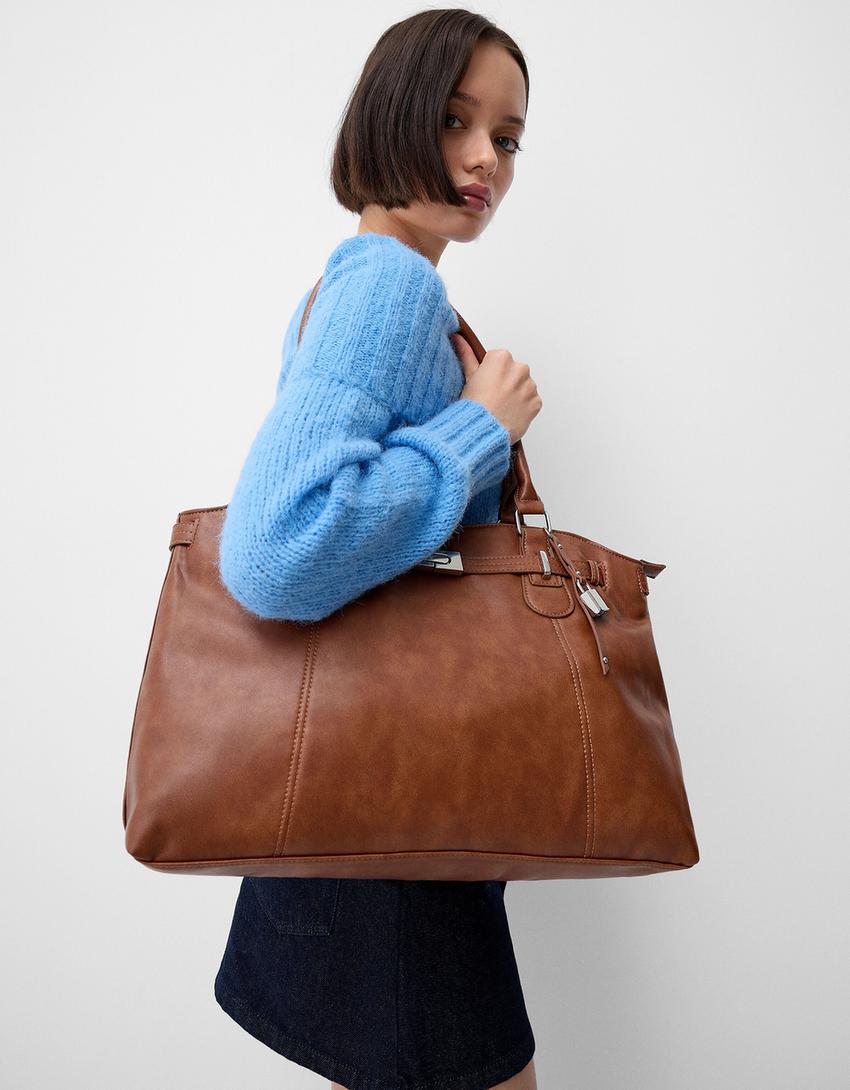 Sac similicuir perles fantaisie-Marron-1