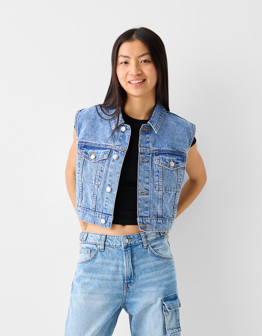 Cropped denim waistcoat-Light blue-1