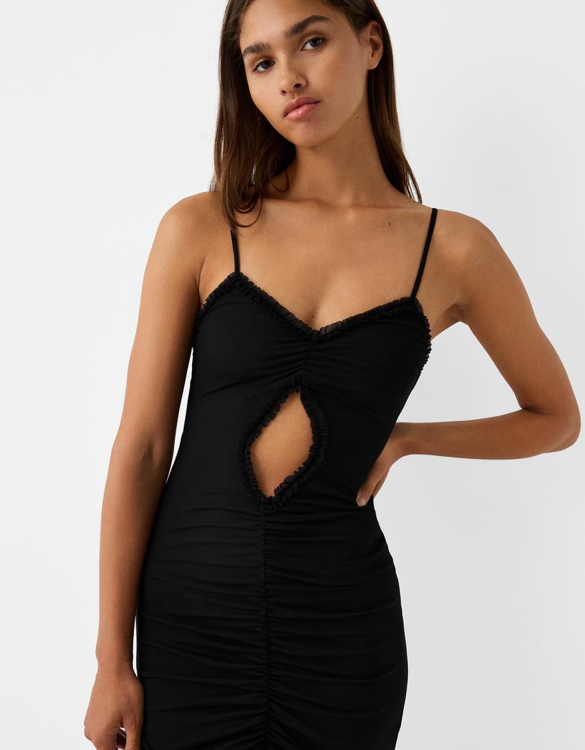 Fırfırlı akılı tül elbise-Siyah-3