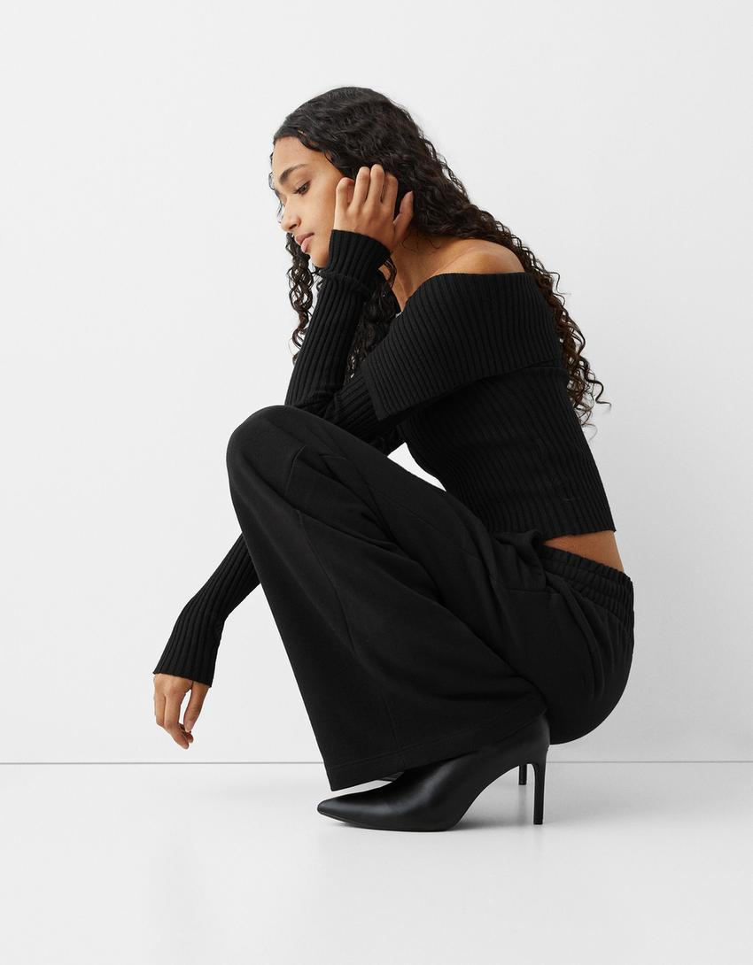 بنطلون من نسيج البلش بساق عريضة-أسود-3