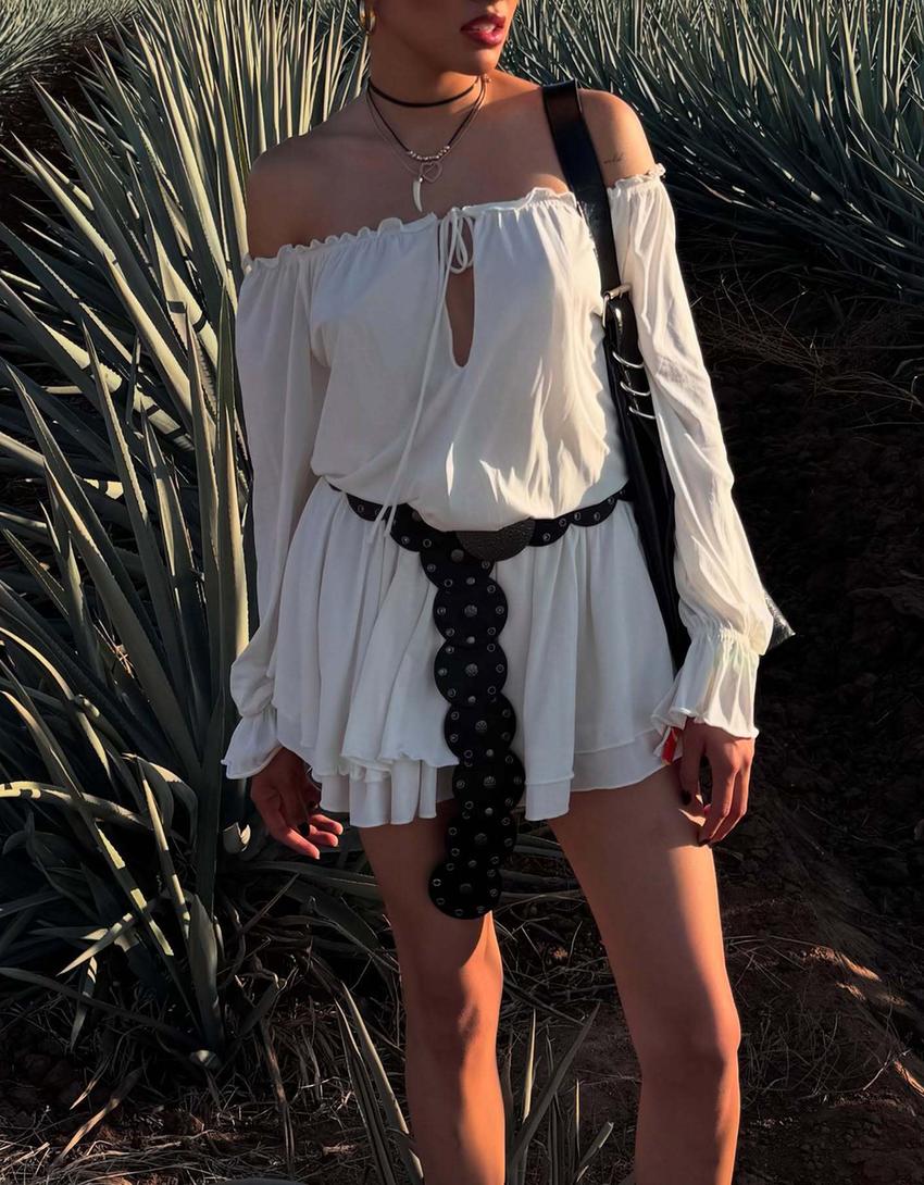 Mini-robe manches longues boho-Écru-1