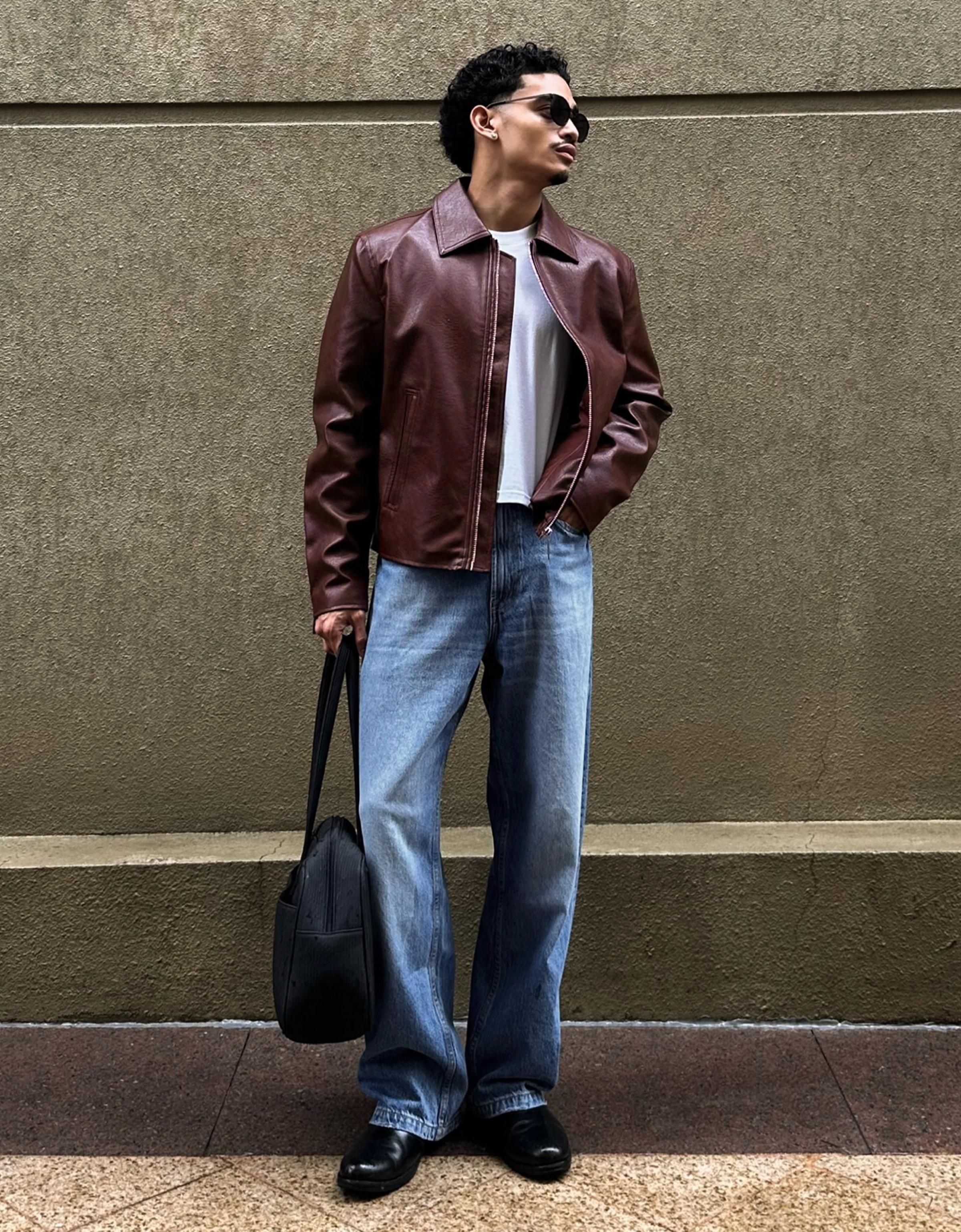 Boxy leather effect jacket — Burgundy