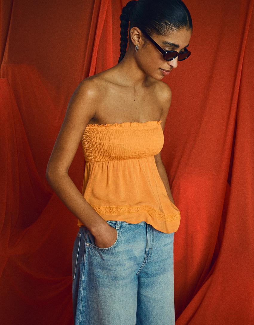 Textured bandeau T-shirt-Orange-2