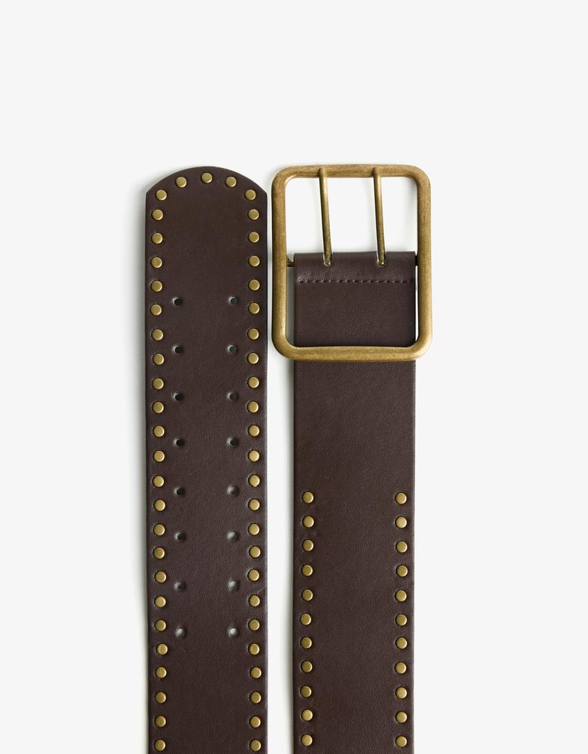 Brede riem met leereffect en studs-Bruin