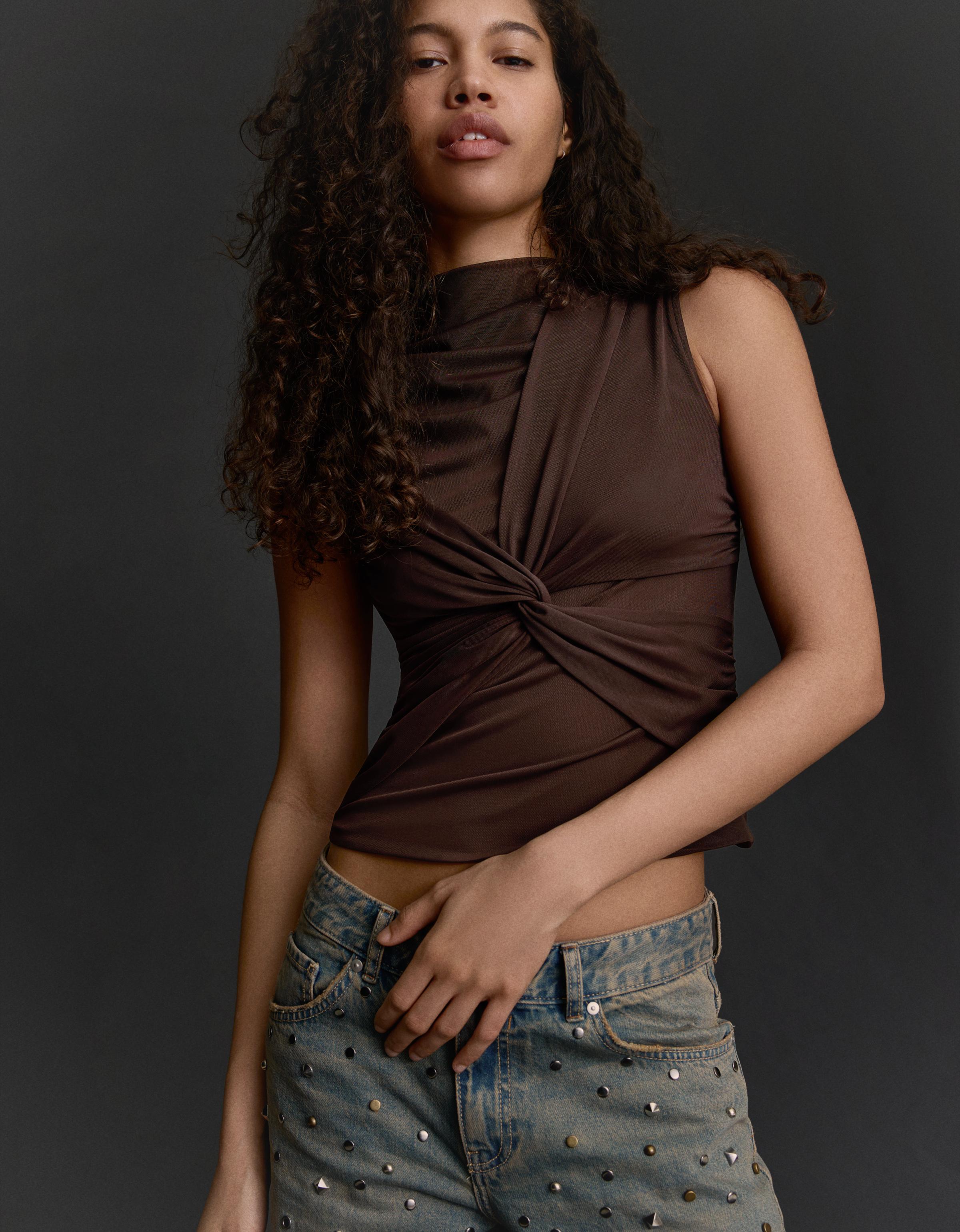 Bershka Ärmelloses Top Aus Tüll Damen L Braun